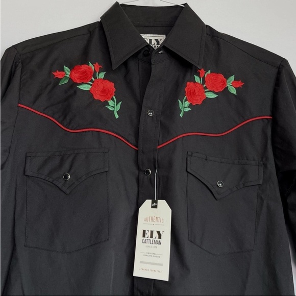 Ely Cattleman Shirt Pearl Snap Mens Sz S Rockabilly Rose Embroidery Yoke NWT - Picture 2 of 14